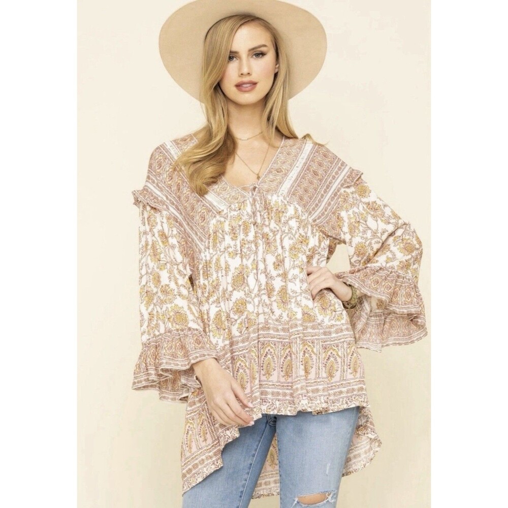 Free People Moonlight Dance Oversize Floral Printed Tunic Top Ivory Combo Boho M